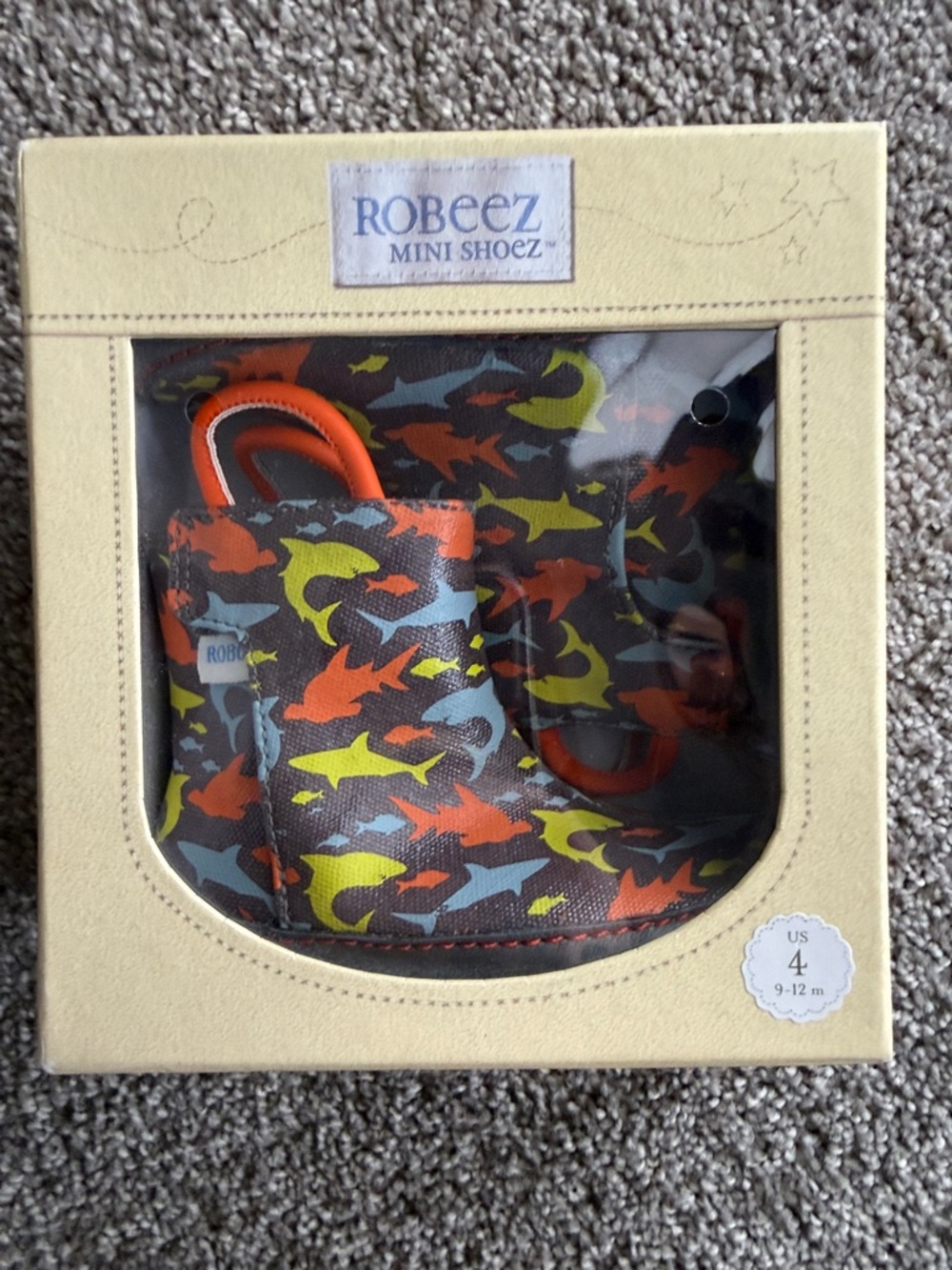 Robeez Shark Print Soft Sole Booties - Orange, Yellow, Blue, Gray